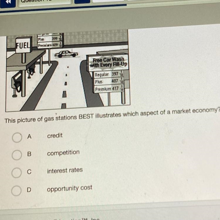 This picture of gas stations BEST illustrates which aspect of a market economy? A-example-1