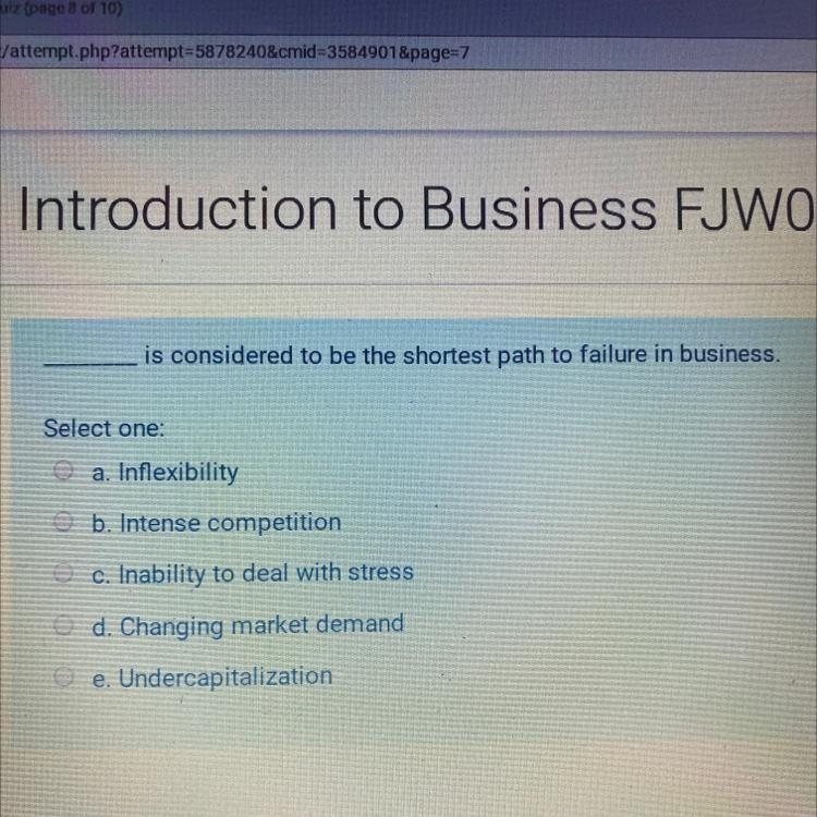 Is considered to be the shortest path to failure in business. Select one: O a. Inflexibility-example-1