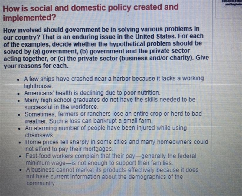 Help me ASAP. 50 Points. How is social and domestic policy created and implemented-example-1