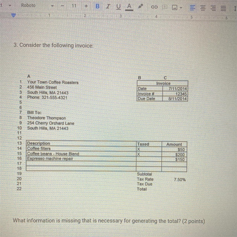 Consider the following invoice: What information is missing that is necessary for-example-1