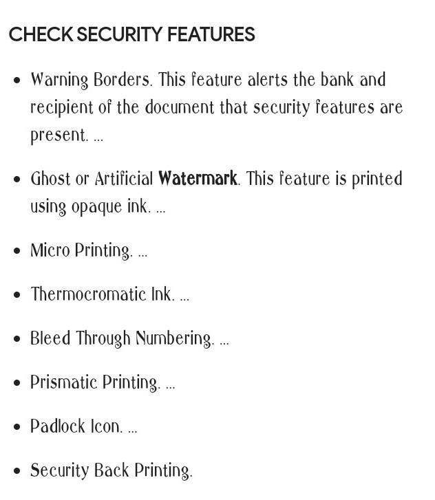 15 POINTS Talk about the different features of a modern day check and its built in-example-1