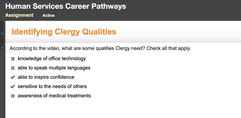 According to the video, what are some qualities Clergy need? Check all that apply-example-1