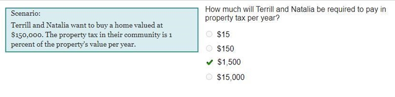 How much will Terrill and Natalia be required to pay in property tax per year? $15 $150 $1,500 $15,000.-example-1