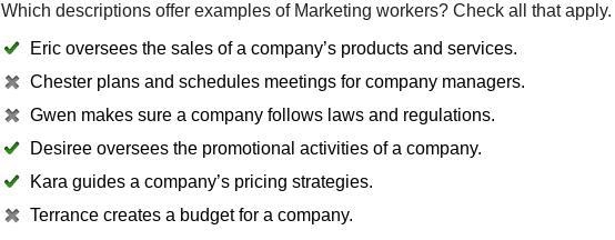 Which descriptions offer examples of Marketing workers? Check all that apply. Eric-example-1