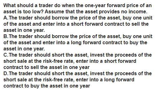 What should a trader do when the one-year forward price of an asset is too low? Assume-example-1