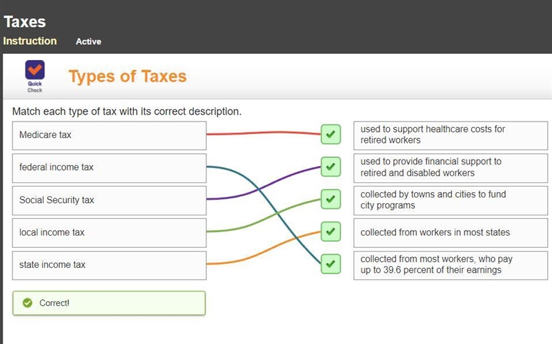 Match each type of tax with its correct description. Medicare tax local income tax-example-1