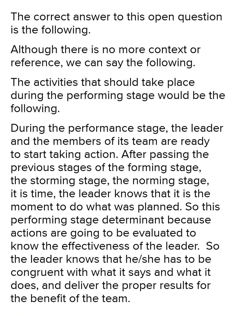 Advise the team leader on the activities that should take place during the performing-example-1