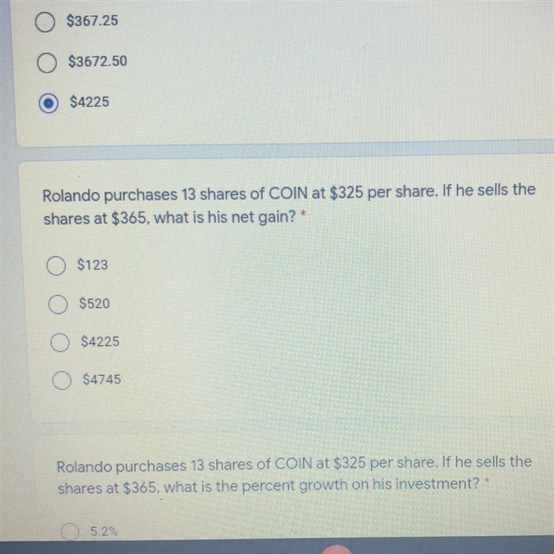 Rolando purchases 13 shares of COIN at $325 per share. If he sells the shares at $365, what-example-1