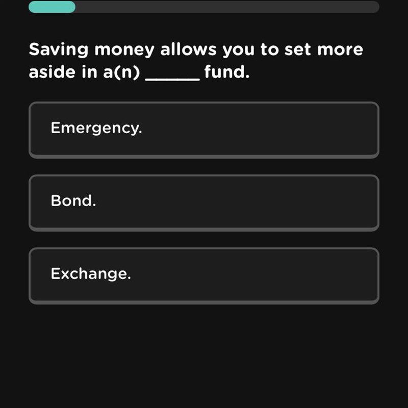 Can anyone help me? Saving money allows u to set more aside in a(n) ____ fund Emergency-example-1