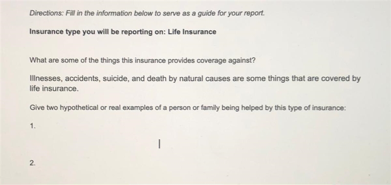 Does anyone have an idea of what to put for example thing about LIFE INSURANCE!!!-example-1