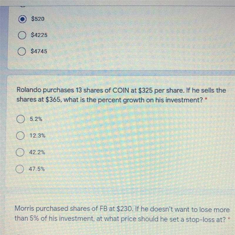 10 Rolando purchases 13 shares of COIN at $325 per share. If he sells the shares at-example-1