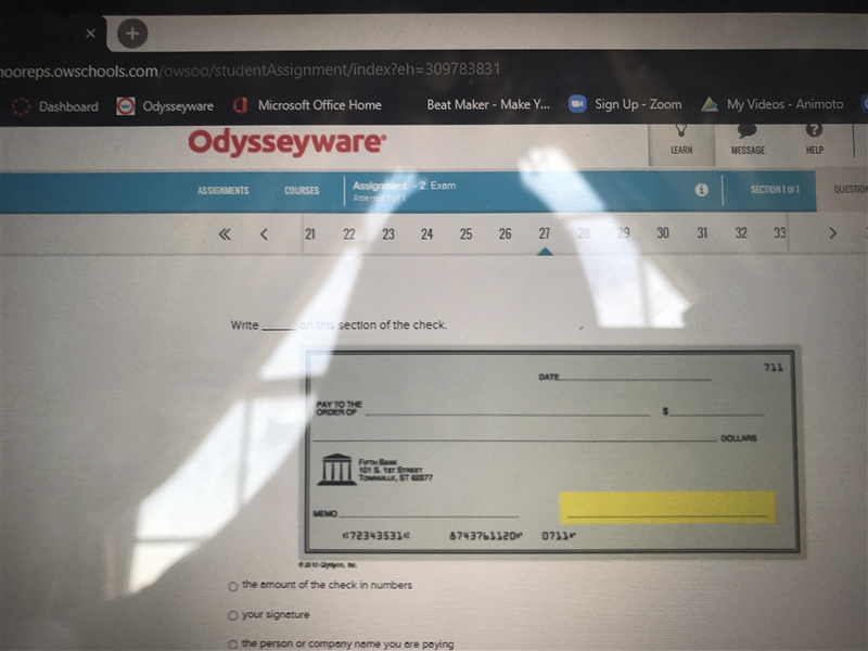 Write ___ on this section of the check. The amount of the check in numbers Your signature-example-1