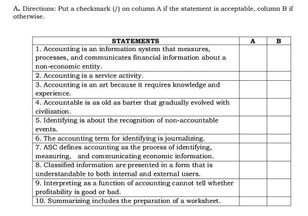 A. Directions: Put a checkmark (/) on column A if the statement is acceptable, column-example-1