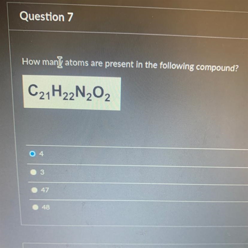 How many atoms are present in the following compound? C21H22N2O2-example-1