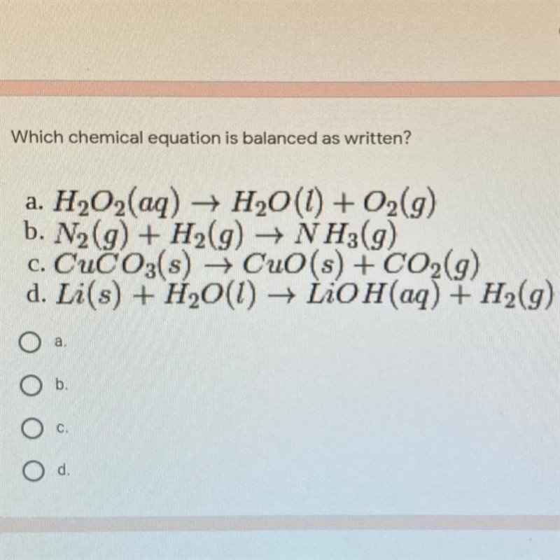 Which chemical equation is balanced as written? PLS ANSWER FAST-example-1