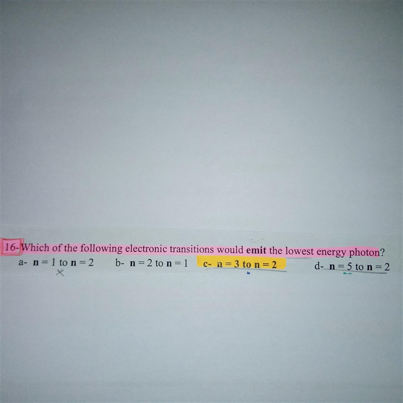 Which of the following electronic transitions would emit the lowest energy photon-example-1