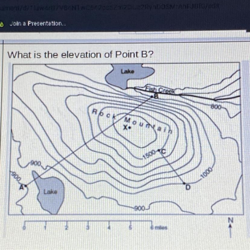 What is the elevation of Point B? A. 800 ft B. 900 ft C. 850 ft D. 1000 ft-example-1