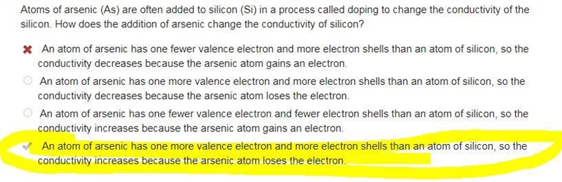 Atoms of arsenic (As) are often added to silicon (Si) in a process called doping to-example-1