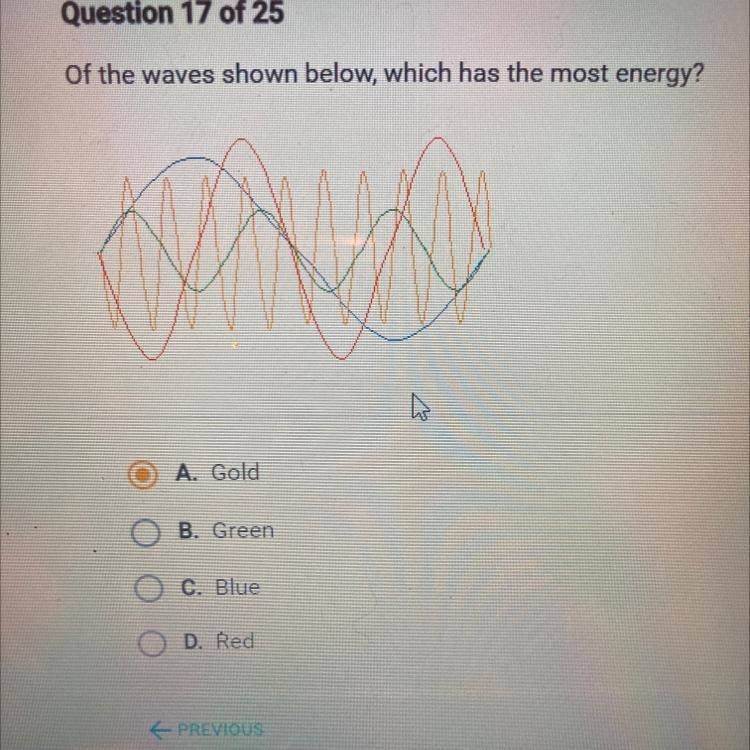 Of the waves shown below, which has the most energy?-example-1