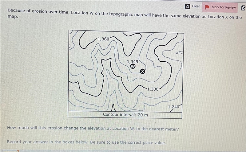 How much will this EROSION change the elevation at location W, to the nearest meter-example-1