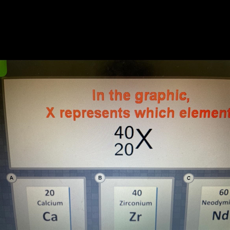 In the graphic, X represents which element? 40 20 40x 20 Calcium Ca 40 Zirconium 60 Neodymium-example-1