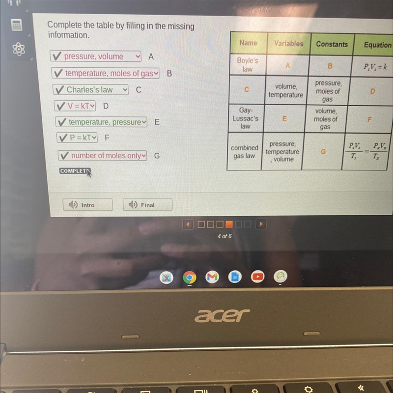 Identifying Characteristics of the Gas Laws Complete the table by filling in the missing-example-1