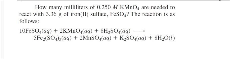 How many milliliters of 0.204 Mol KMnO4 are needed to react with 3.24 g of iron(II-example-1