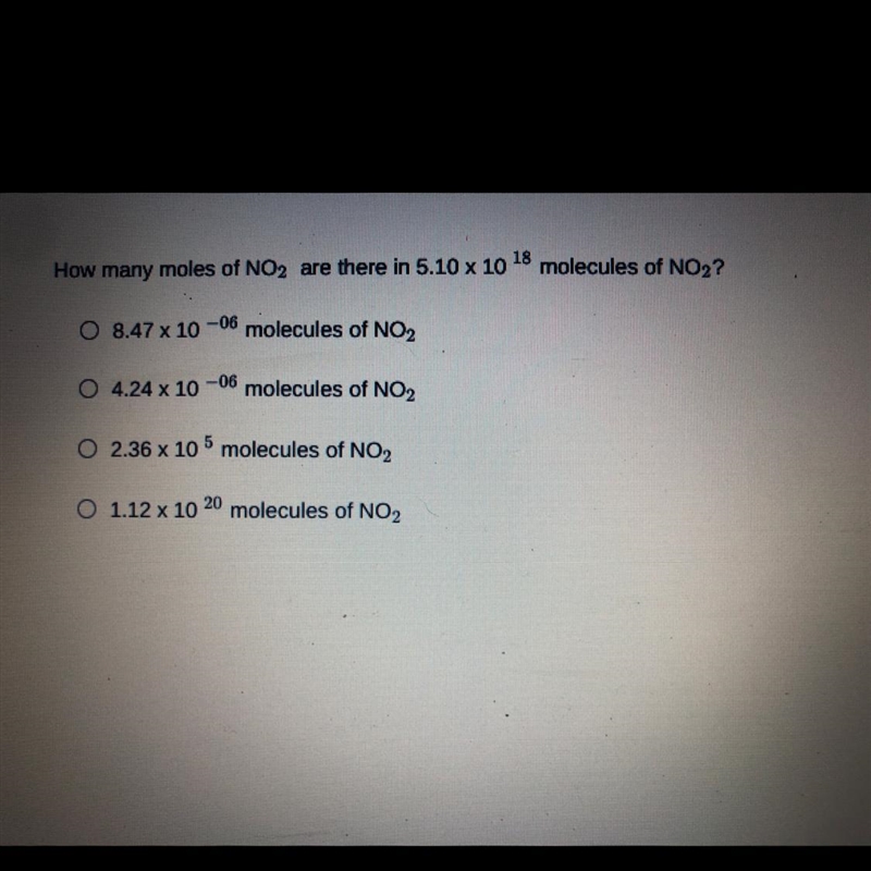 How many moles of NO2 are there in 5.10 x 10 18*molecules of NO2?-example-1