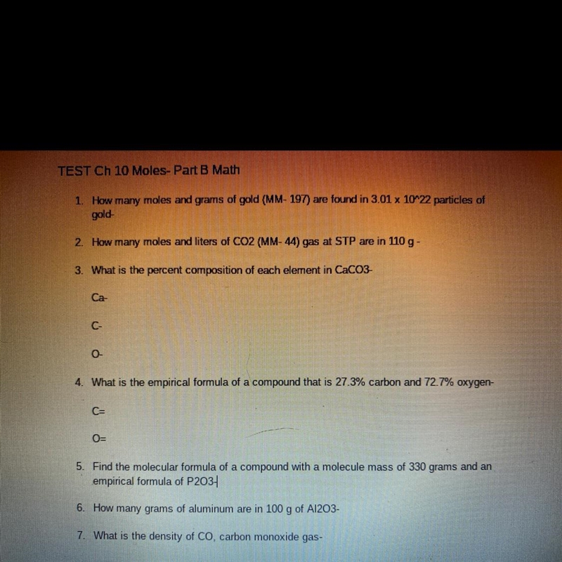 TEST Ch 10 Moles- Part B Math 1. How many moles and grams of gold (MM- 197) are found-example-1