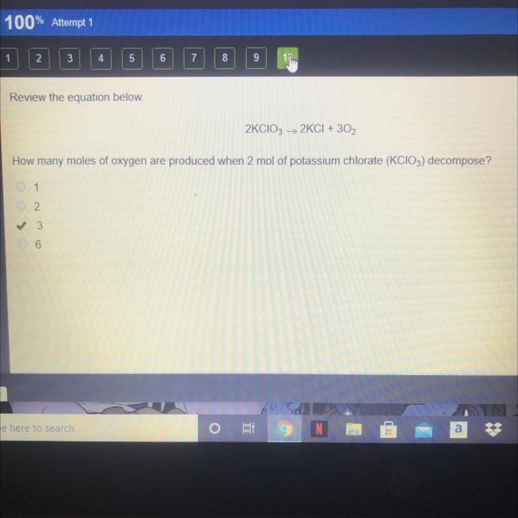 Review the equation below. 2KCIO3 > 2KCI + 3O2 How many moles of oxygen are produced-example-1