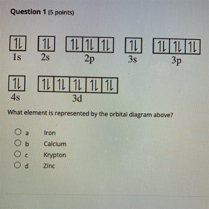 What element is represented by the orbital diagram above? a- iron b- calcium c- krypton-example-1