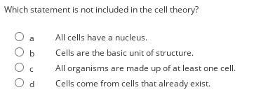 Which statement is not included in the cell theory? a All cells have a nucleus. b-example-1