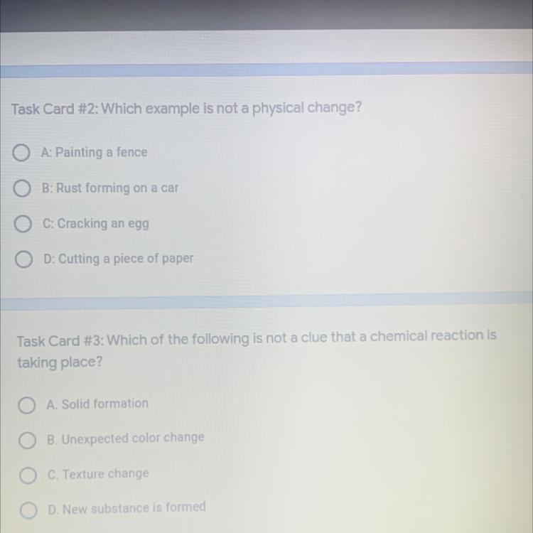 1:Which example is not a physical change? 2: Which of the following is not a clue-example-1