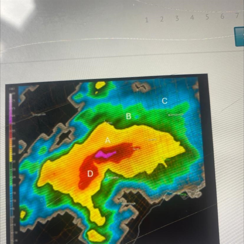 Using the weather radar map shown here, infer at which lettered point the most likely-example-1