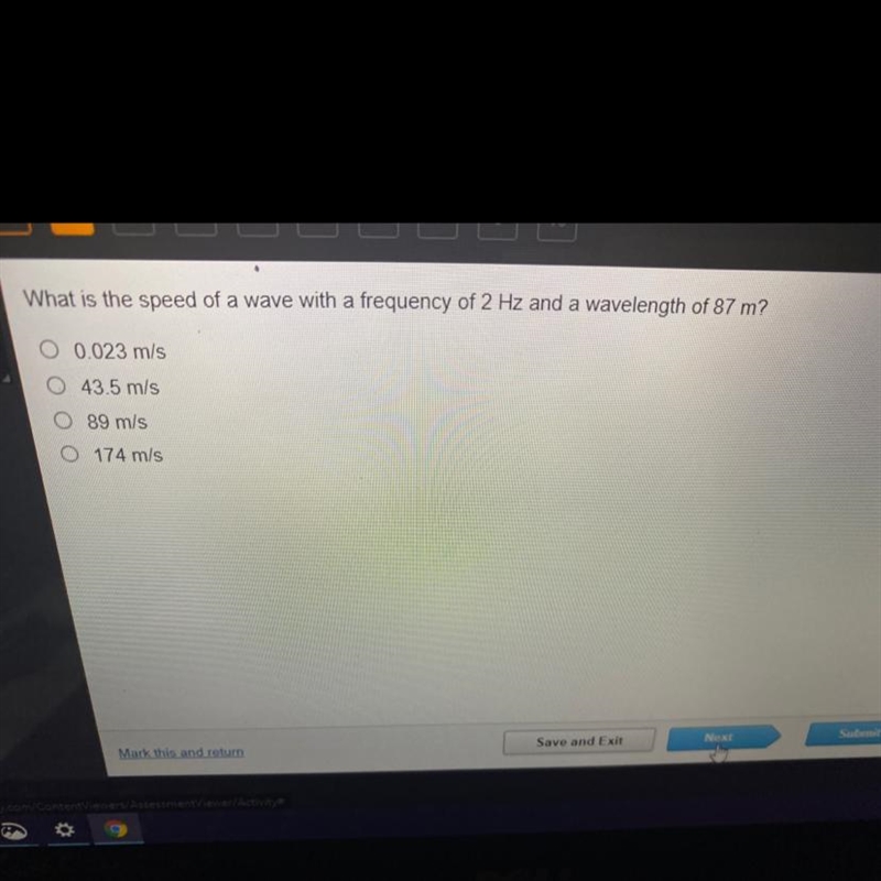 What is the speed of a wave with a frequency of 2 Hz and a wavelength of 87m￼ (subject-example-1