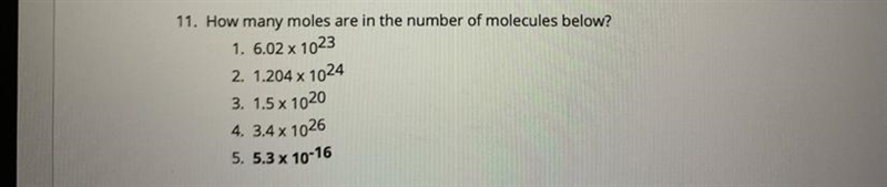 How many moles are in the number of molecules below? I only need to know the 5th question-example-1