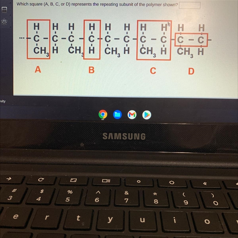 Which square (A, B, C, or D) represents the repeating subunit of the polymer shown-example-1