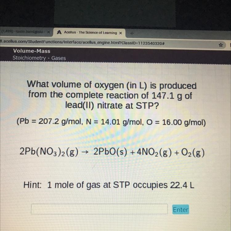 What volume of oxygen (in L) is produced from the complete reaction of 147.1 g of-example-1