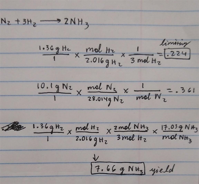 1.36g H2 is allowed to react with 10.1g N2 producing 2.05g NH3 What is the theoretical-example-1