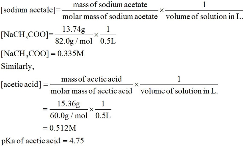 A buffer solution is prepared by adding 13.74 g of sodium acetate (NaC2H3O2) and 15.36 g-example-1