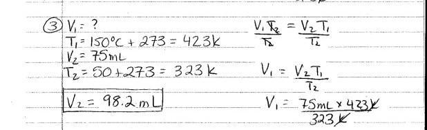 Hydrogen gas was cooled from 150 K to 50 K. Its new volume (V2) is 75 mL. What was-example-1