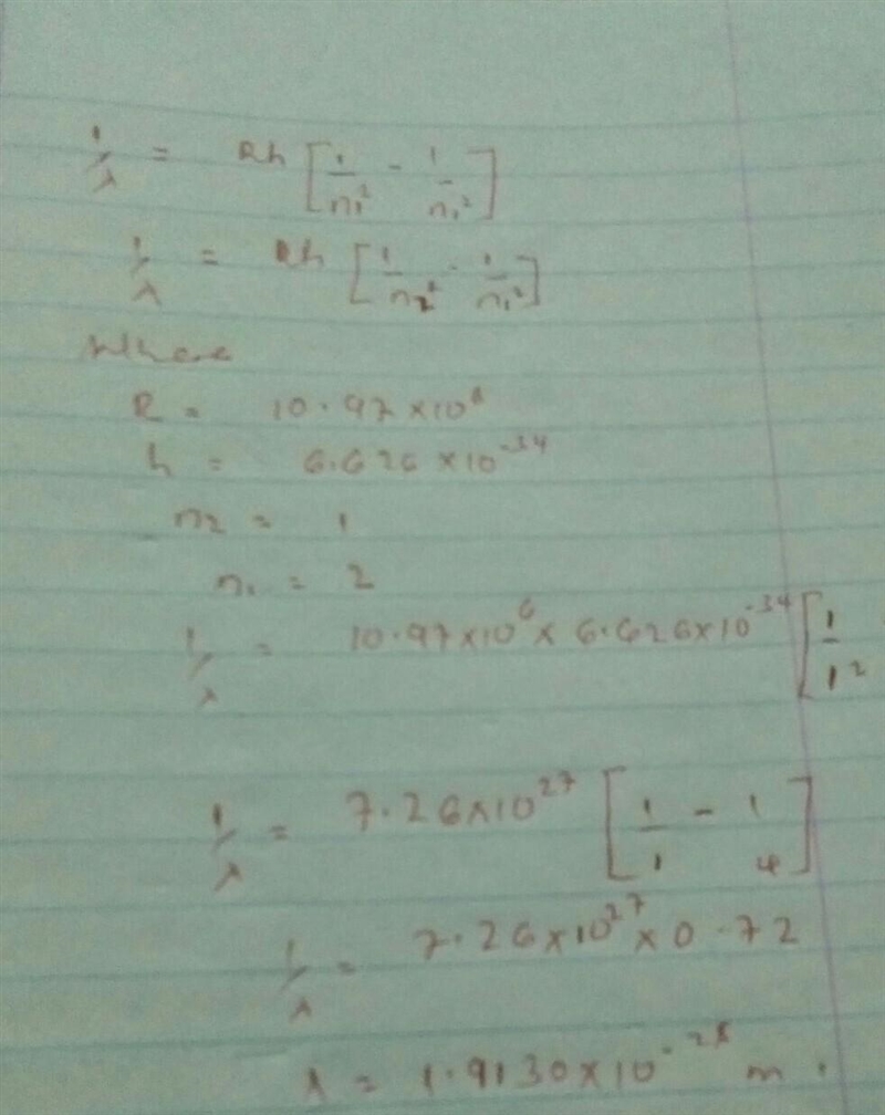 what is the wavelength of a photon emitted when an electron jumps from n=2 to n= 1 energy-example-1