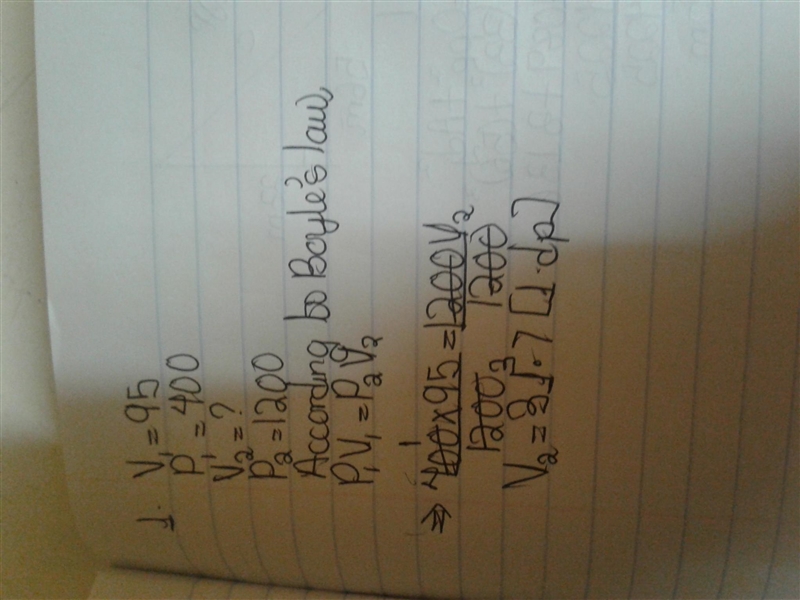 a gas occupies a volume of 95 mL when the pressure is 400 mmHg .what volume does the-example-1