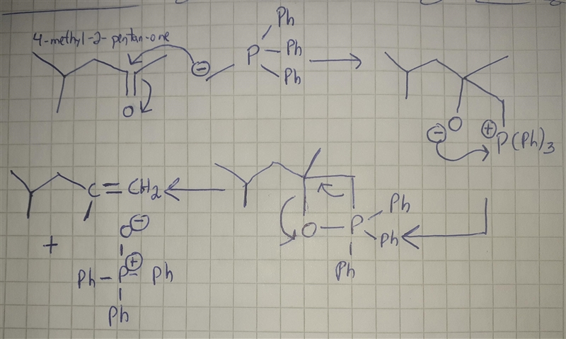 Draw the curved arrows for the reaction mechanism of 4-methylpentan-2-one to give-example-1