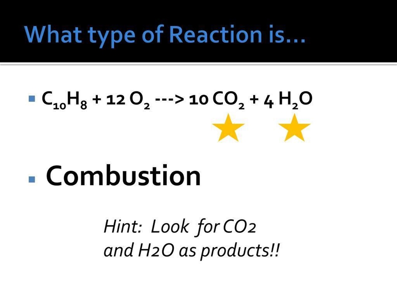 What type of reaction is shown below c10H8+12O2 10co2+4H2O-example-1