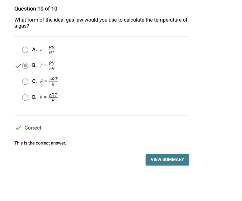 Question 4 of 10 What form of the ideal gas law would you use to calculate the temperature-example-1