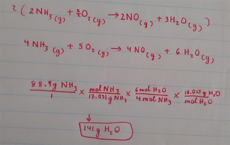 If you reacted 88.9 g of ammonia with excess oxygen, what mass of water would you-example-1