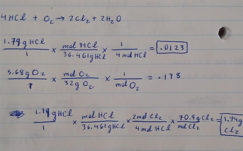 HCl reacts with O2 as follows: 4HCl+O2→2Cl2+2H2O When 1.79 g of HCl reacts with 5.68 g-example-1