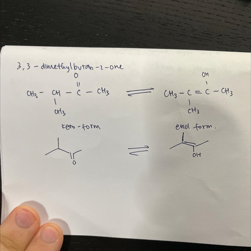 Draw the keto and enol forms of 3,3-dimethylbutan-2-one, circle the more stable tautomer-example-1