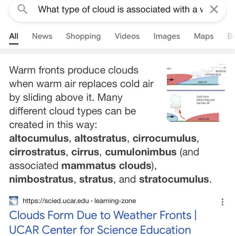 What type of cloud is associated with a warm front-example-1